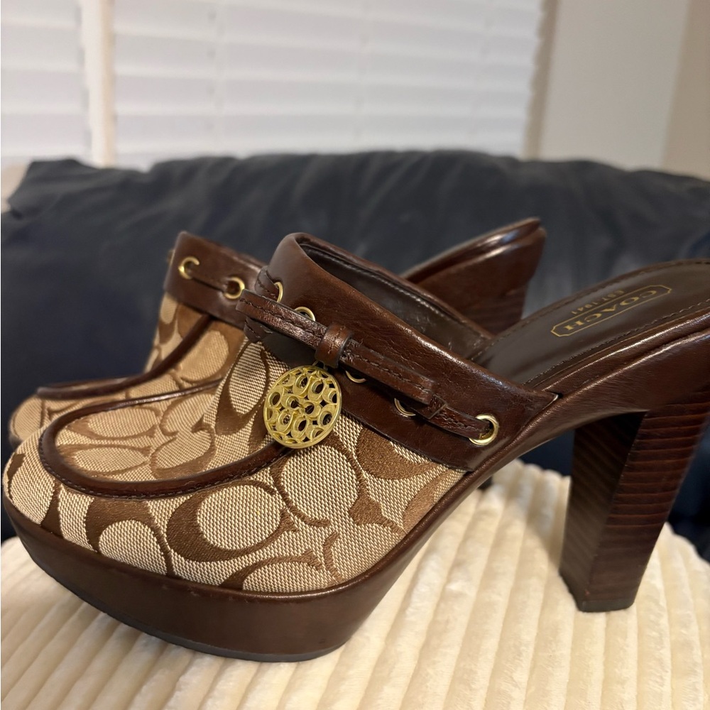 Coach Brown and Tan Mules with Platform Heel